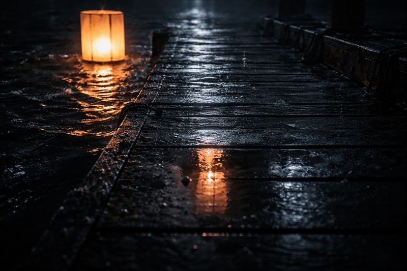 Lantern light reflected in rain puddles on a pier with no human reflection
