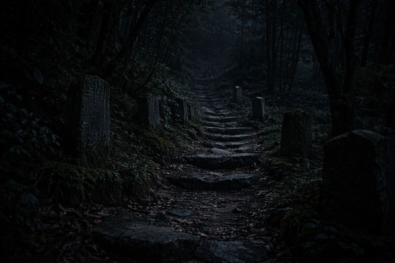 A dark mountain trail leading upward where a forbidden ritual begins
