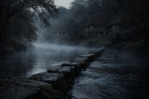 Mist rising over the name-eating river as villagers cross in silence