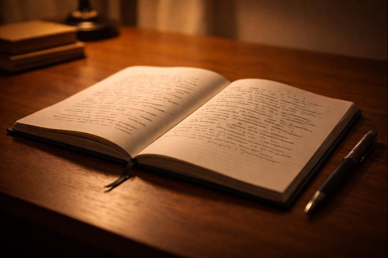 An open notebook with handwritten words resting on a quiet desk
