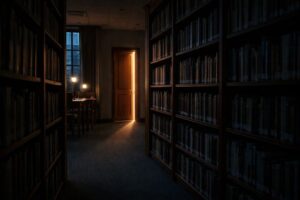 A mysterious wooden door glowing softly between library shelves at dusk
