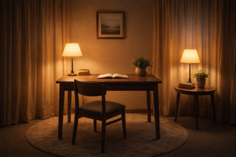 A calm, surreal room with a desk, chair, and open notebook under warm light