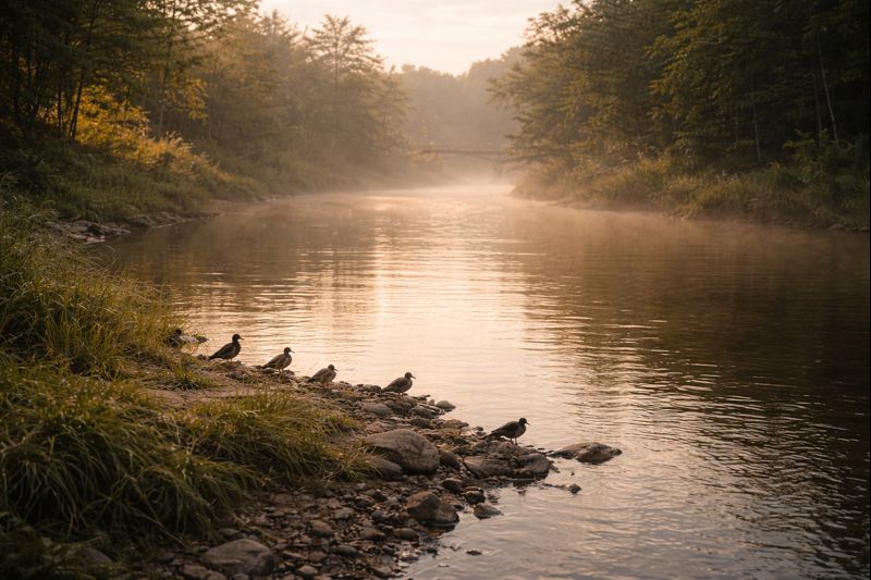 A peaceful river bend in the morning after a mysterious night
