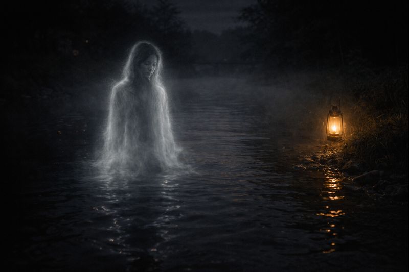 A calm ghostly figure rising from a river at night