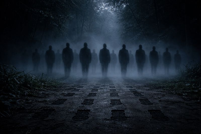 Misty clearing with human-shaped shadow silhouettes standing in formation with aligned boot prints