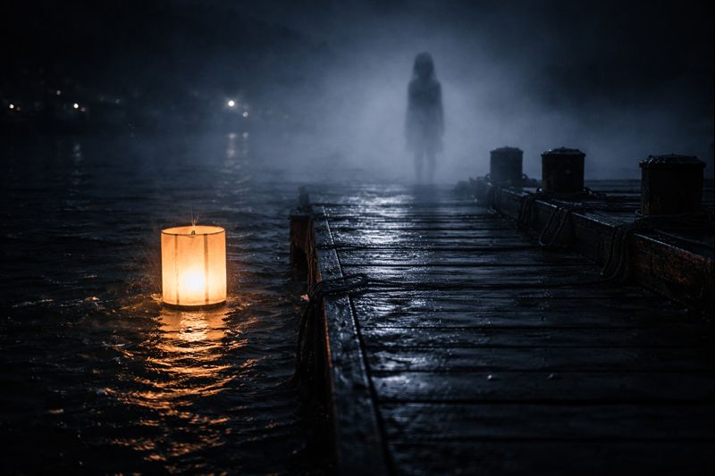 Faint shadowy presence near a lantern on a misty harbor pier at night