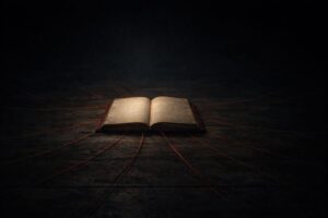 A red-bound ledger with thin red threads extending into darkness, symbolizing an inescapable curse