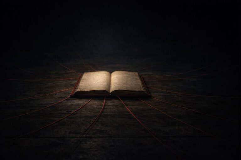 A red-bound ledger with thin red threads extending into darkness, symbolizing an inescapable curse