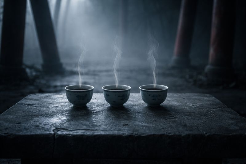 Three steaming tea cups on a stone table in a dark pavilion