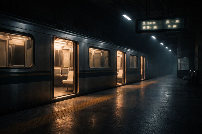 Empty subway train at night with glowing interior and no destination signs