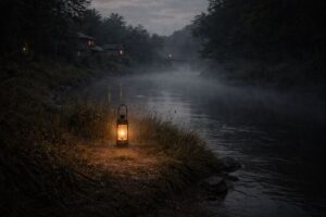 A glowing lantern floating by a river bend at dusk in a quiet town