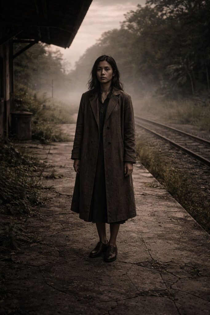 A quiet woman standing alone on a foggy, abandoned train platform