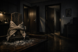 Ancestral Tablet left in a dark apartment, surrounded by ash and silence