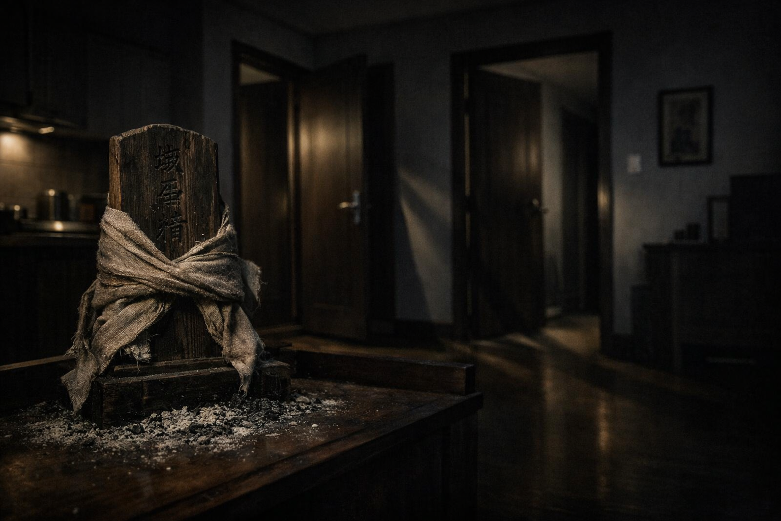 Ancestral Tablet left in a dark apartment, surrounded by ash and silence