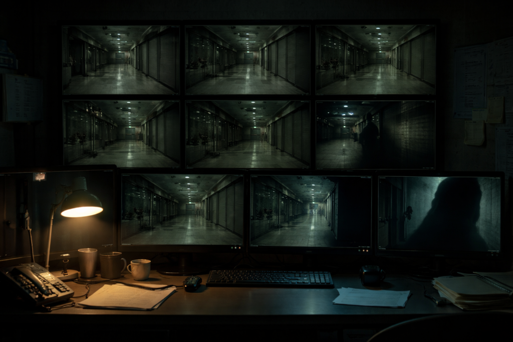 CCTV monitors watching the forbidden floor inside a shopping mall security room