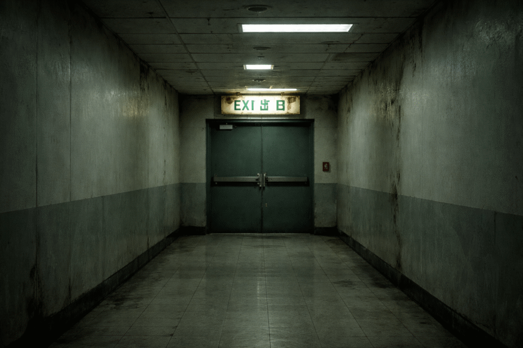 Emergency Exit B corridor on the forbidden floor with signs of past damage