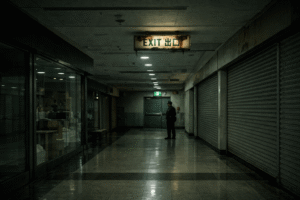 Night security guard standing near the forbidden floor in an empty shopping mall after closing hours