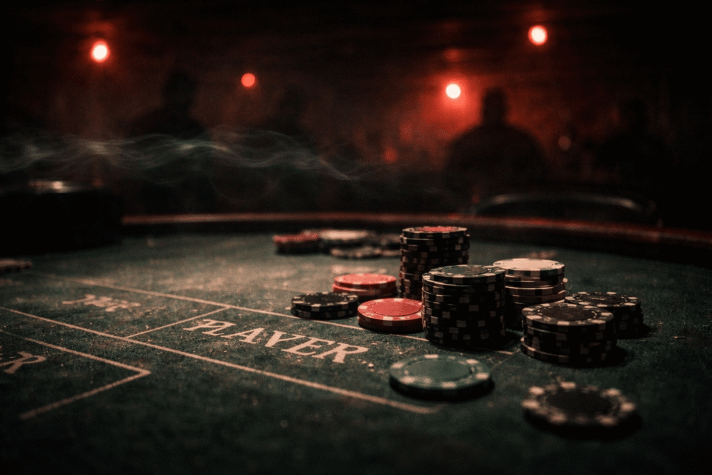Ash settling over gambling chips during a forbidden wealth ritual in a dim red-lit casino room.