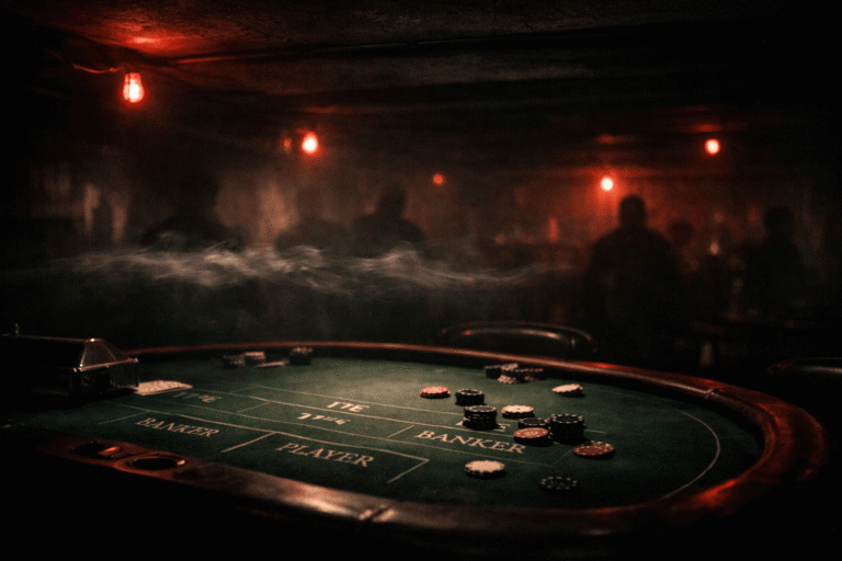 A dim underground baccarat table during a forbidden wealth ritual at 3:33AM with red lights and faint shadows.