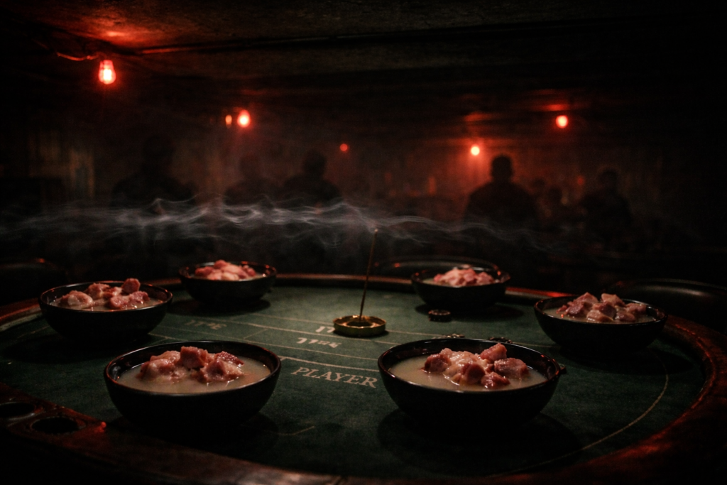 Five black bowls arranged for a forbidden wealth ritual beneath a baccarat table in a dim gambling den.