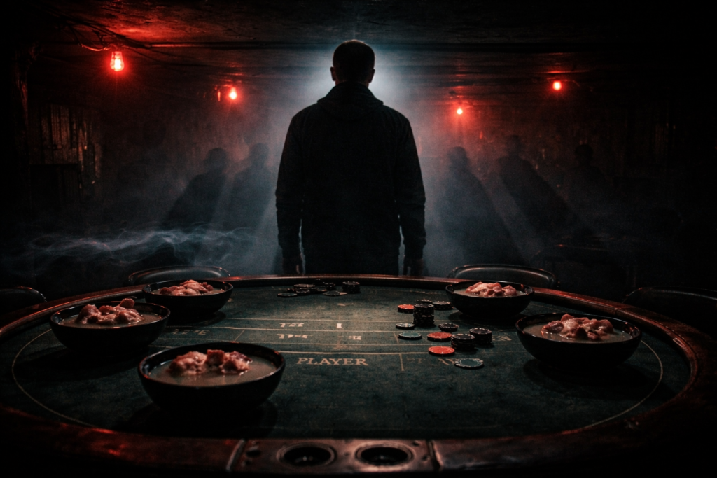 Five shadows standing behind a man as a forbidden wealth ritual reverses inside a red-lit gambling room.
