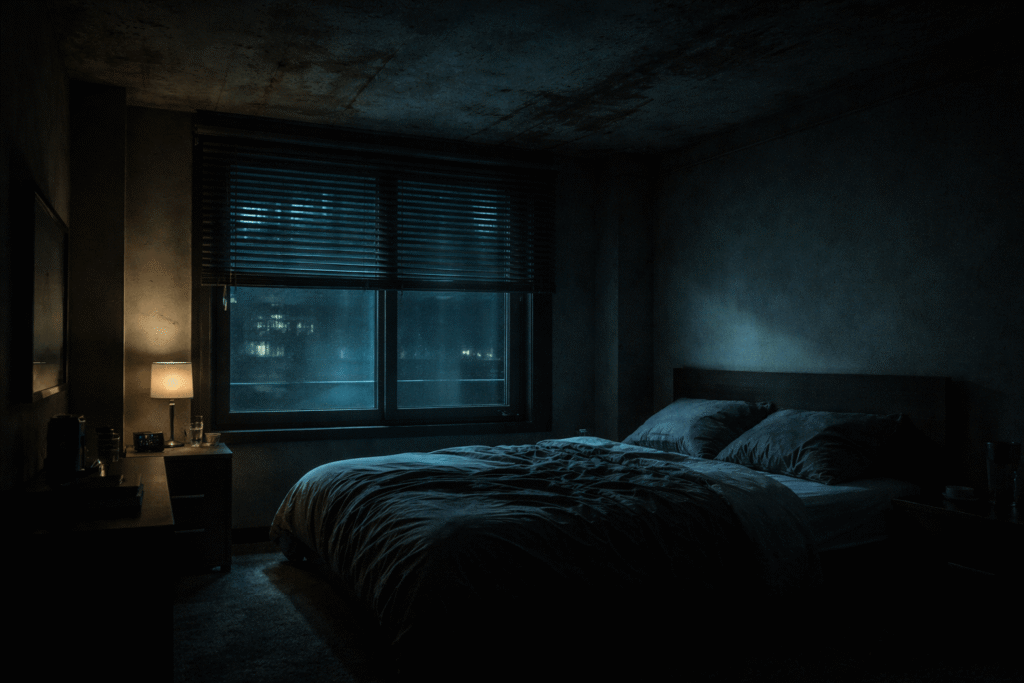 An empty dining table with five chairs inside the hidden thirteenth floor apartment 1304.