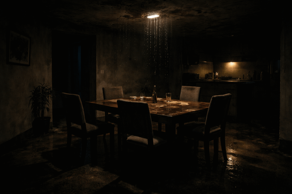 An empty dining table with five chairs inside the hidden thirteenth floor apartment 1304.