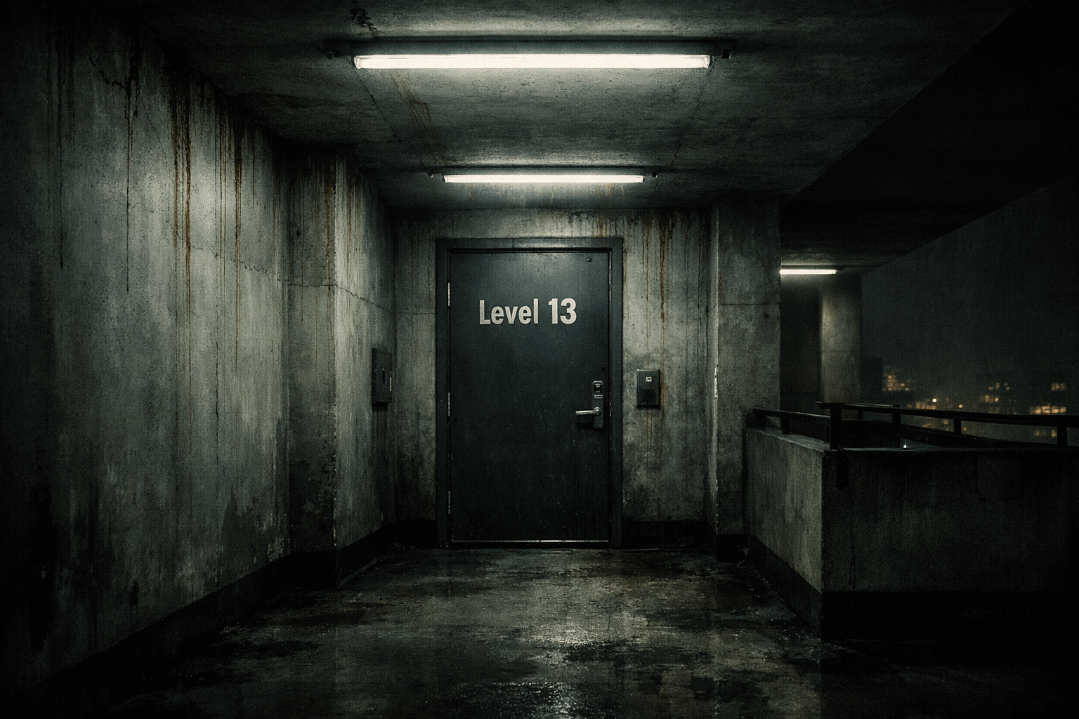The hidden thirteenth floor sealed behind a dimly lit corridor door in a quiet apartment building at night.