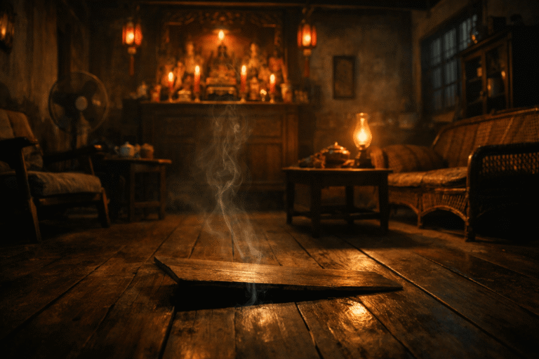 An ancestral home with incense smoke drifting toward hidden floorboards, symbolizing inherited debt.