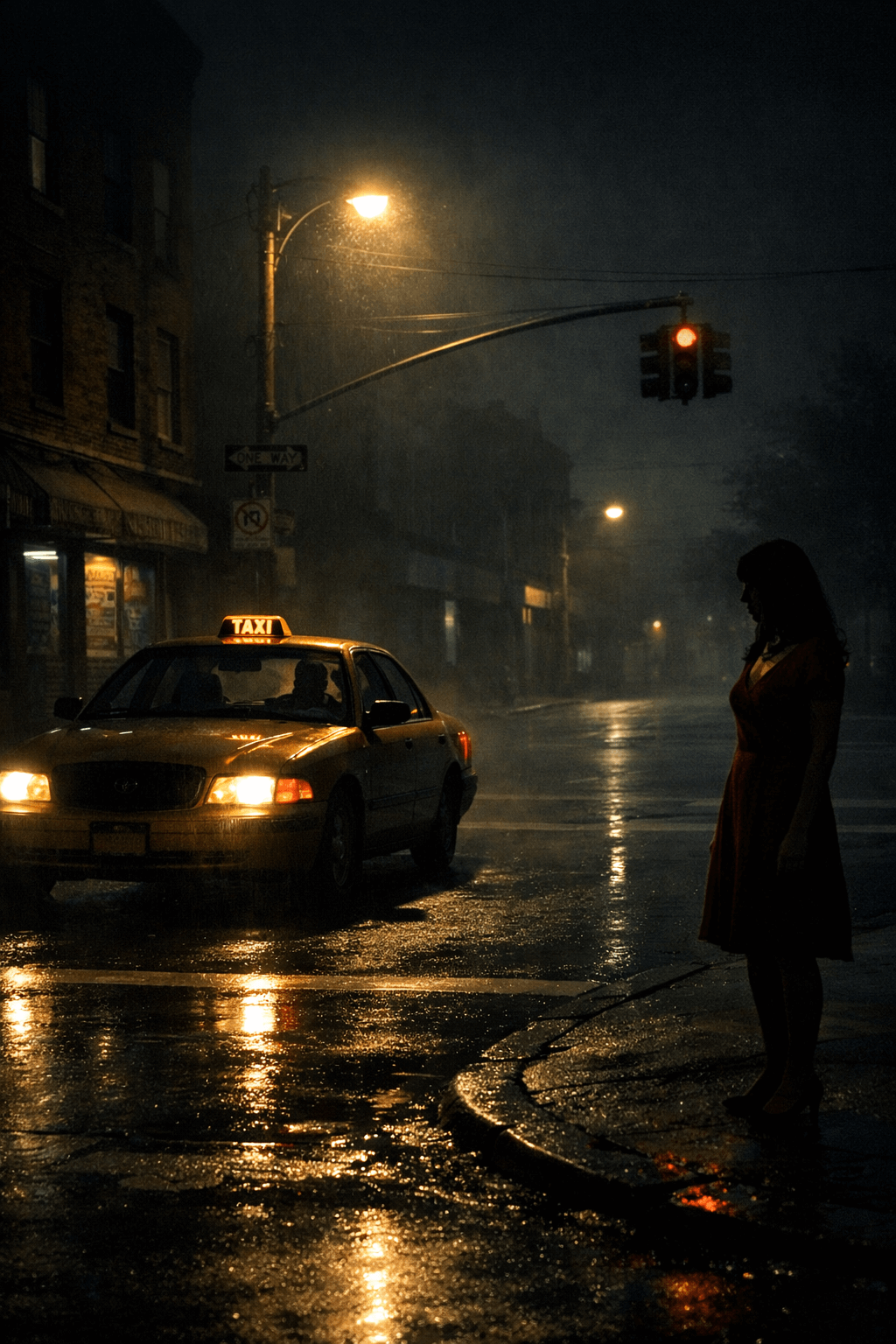 A taxi driver spots a silent woman in red at a midnight intersection during his last fare.