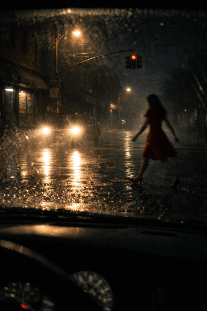 A rain-blurred memory of a red figure crossing the road during the driver’s last fare after midnight.