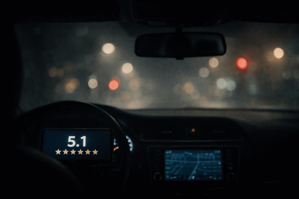 Ride-Hailing app dashboard showing a 5.1 rating while the back seat remains shadowed