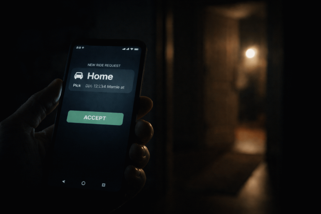 Ride-Hailing request notification showing pickup at the driver’s own home address