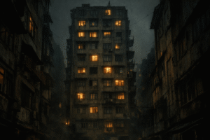 A haunted ten-story alley apartment block where an ancient debt manifests as supernatural fire