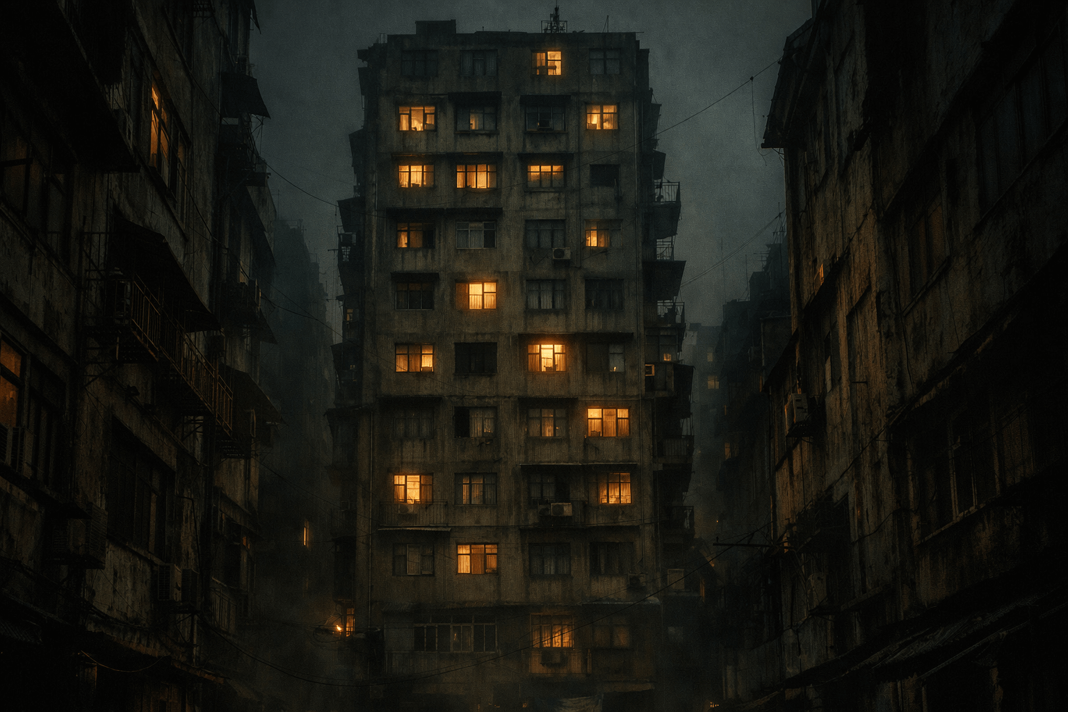 A haunted ten-story alley apartment block where an ancient debt manifests as supernatural fire