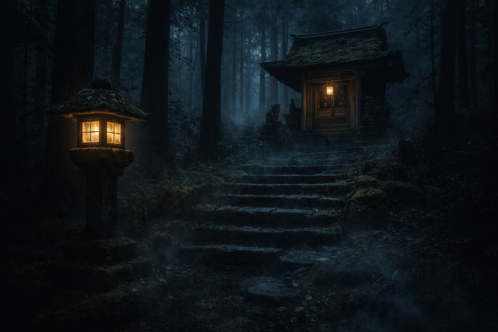Misty forest shrine at night with a glowing stone lantern creating a dark folklore atmosphere.