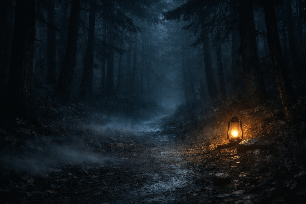 Dark forest path at night with drifting fog and dim lantern light creating an eerie atmospheric horror scene.