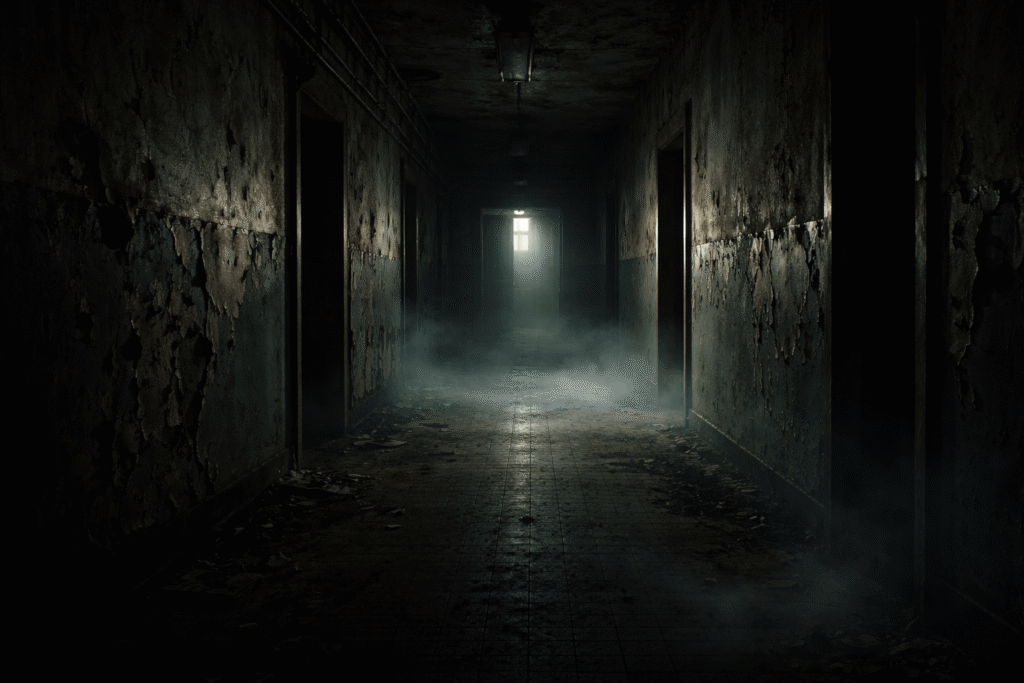 Dark atmospheric setting with shadows and mist representing eerie horror storytelling.