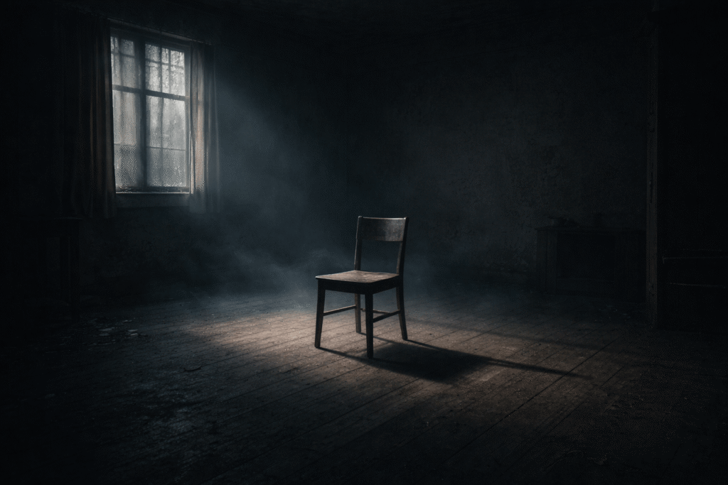 Dark empty room with a single chair and long shadows creating a psychological horror atmosphere.