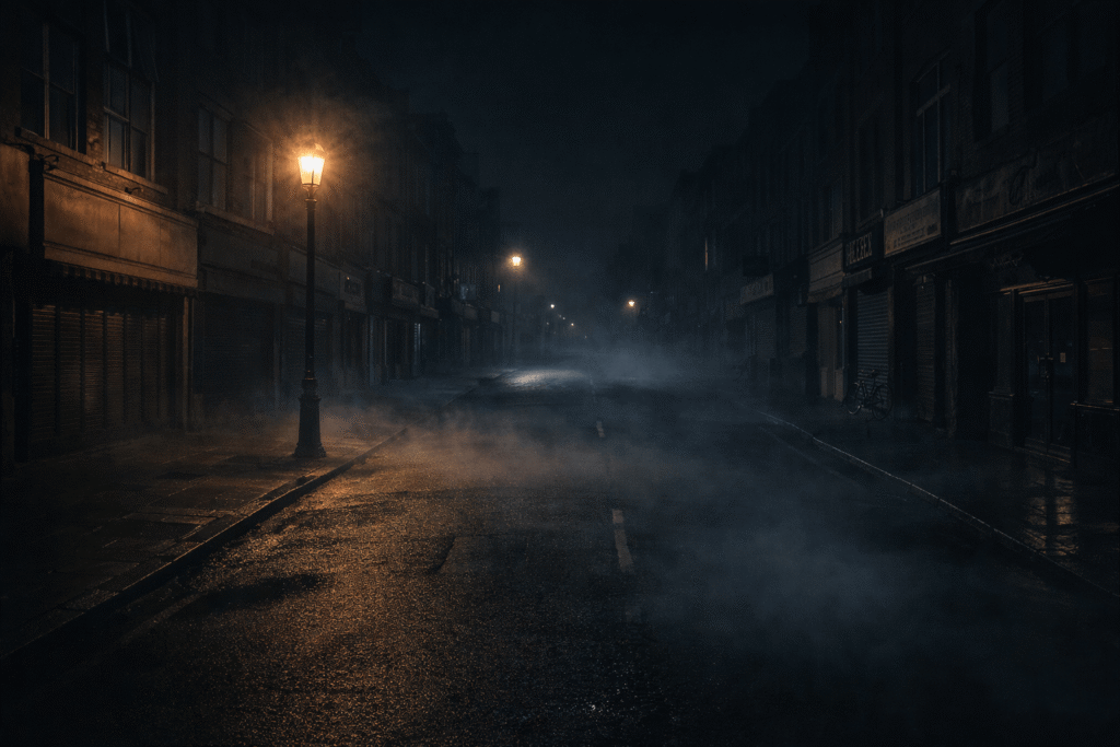 Empty street at night with a glowing streetlamp and fog creating a mysterious urban legend atmosphere.