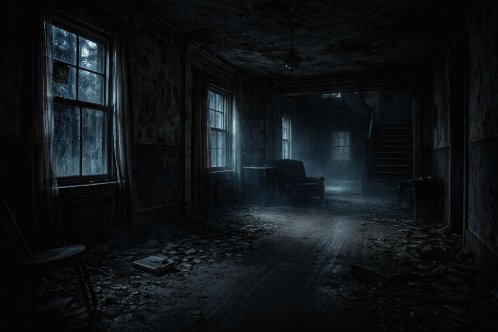Abandoned house interior with dim moonlight and shadows creating an eerie haunted atmosphere.