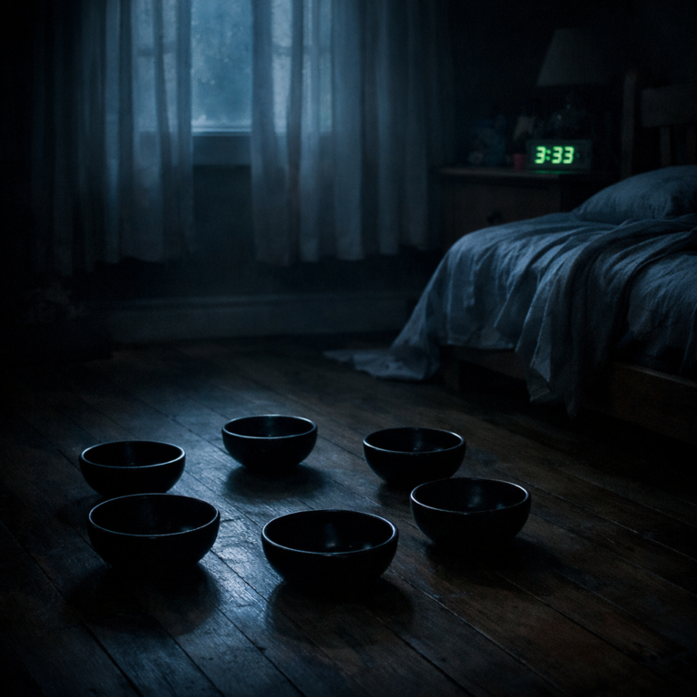 Five black bowls arranged at 3:33 a.m. in the ritual from Borrowed Steps and the Five Who Finished Through Him