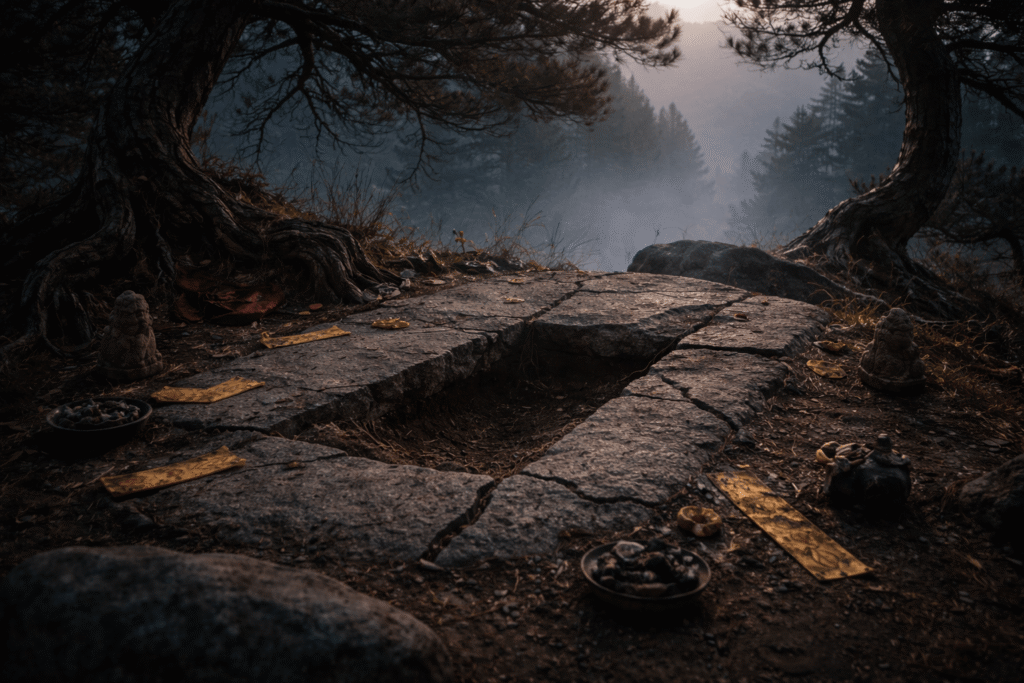 ancient grave revealed as a broken ritual seal with signs that something has already escaped