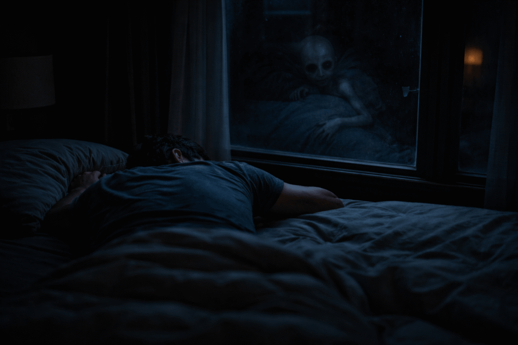 ghostly figure clinging to a man’s back in weight beneath the foundation horror story seen through a dark window reflection