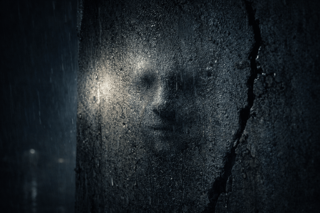 Faint face-like shape appearing inside a cracked concrete pillar haunted by an earth-bound spirit