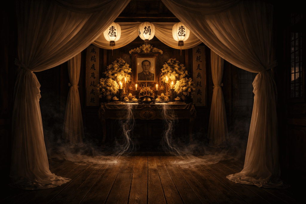 ghost marriage curse funeral altar with incense smoke drifting downward in a dim house