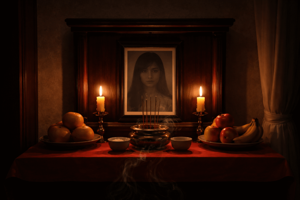ghost marriage curse home shrine with a photograph that subtly appears to be smiling