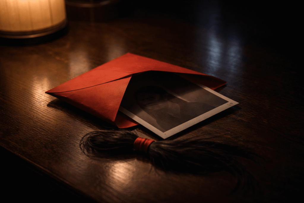 ghost marriage curse red packet with photograph and hair placed on a dim wooden table