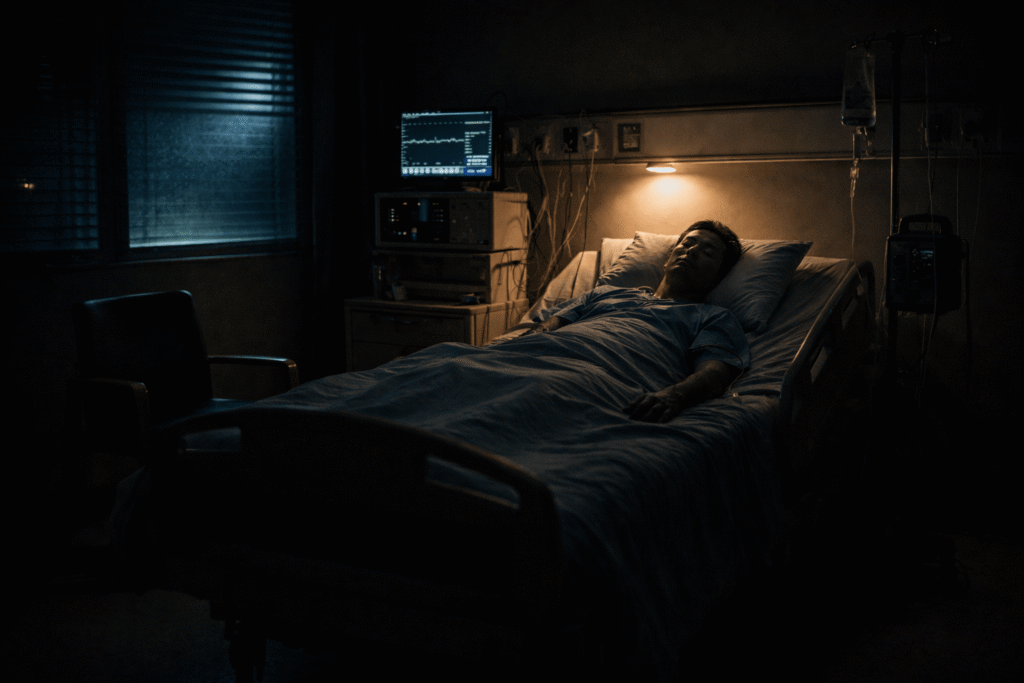 Hospital room where Wei Jun lies unconscious while an empty chair beside the bed suggests someone unseen is waiting