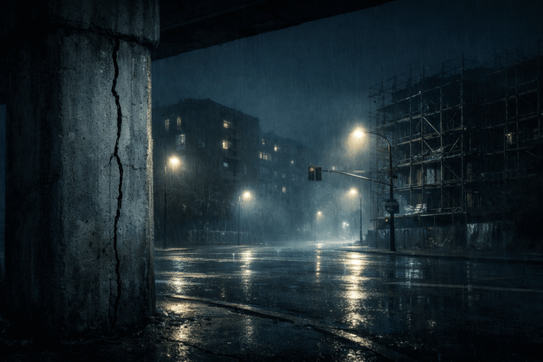 Cracked concrete pillar at a rainy intersection where an earth-bound spirit is believed to haunt the structure